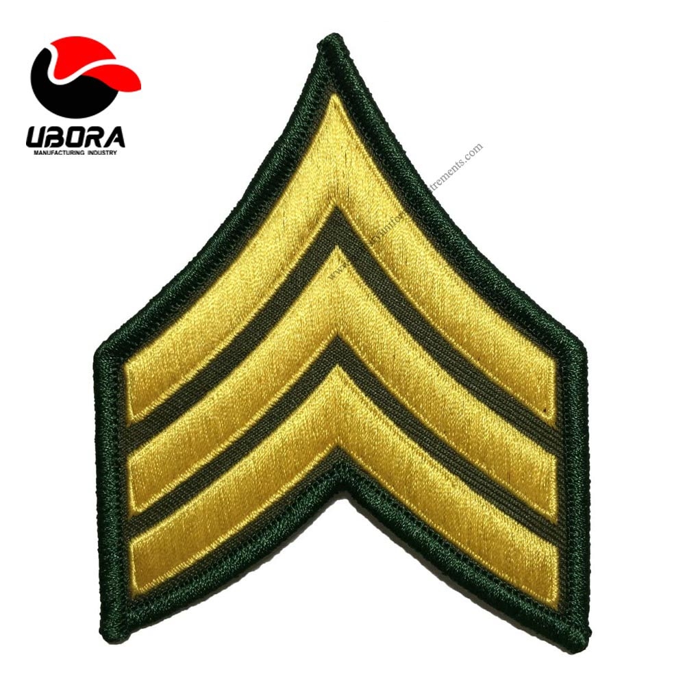 Chevrons Sergeant 3 Stripe US Rank Sew on Iron on Shoulder Embroidered Applique Patch Gold on Green